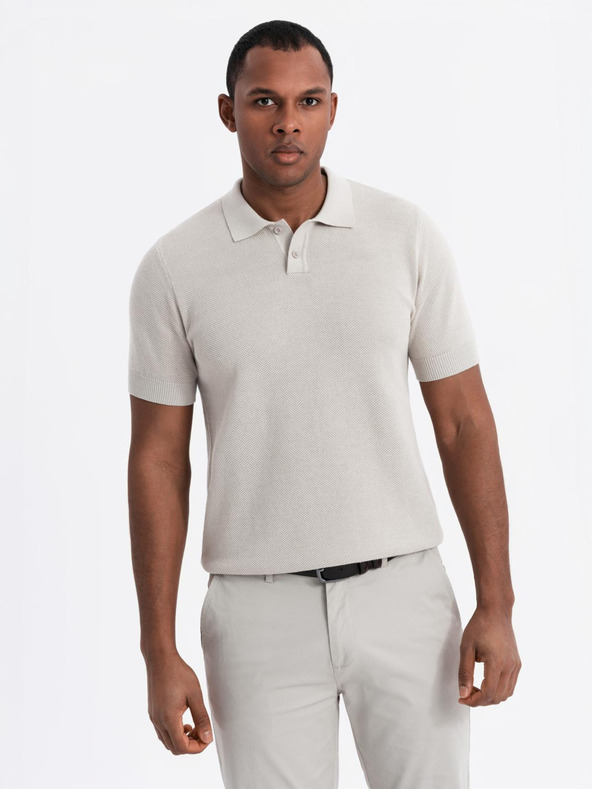 Ombre Clothing Pánské bavlněné polo tričko ze strukturovaného úpletu - béžové