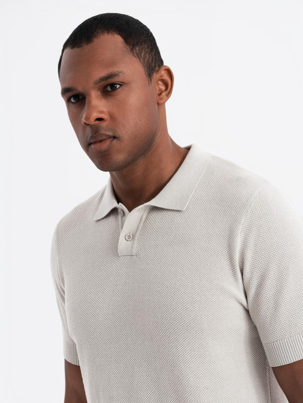 Ombre Clothing Pánské bavlněné polo tričko ze strukturovaného úpletu - béžové