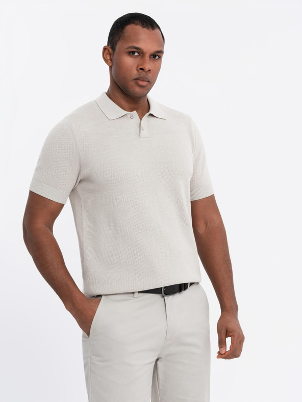 Ombre Clothing Pánské bavlněné polo tričko ze strukturovaného úpletu - béžové