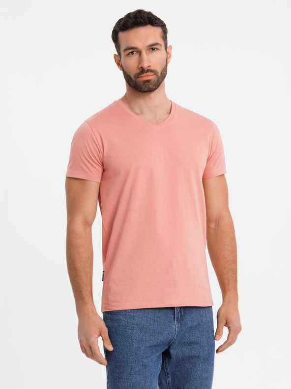 Ombre Clothing Pánské klasické bavlněné tričko BASIC s výstřihem - růžové