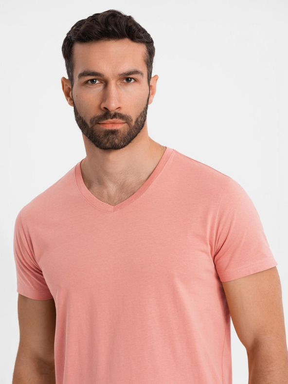 Ombre Clothing Pánské klasické bavlněné tričko BASIC s výstřihem - růžové