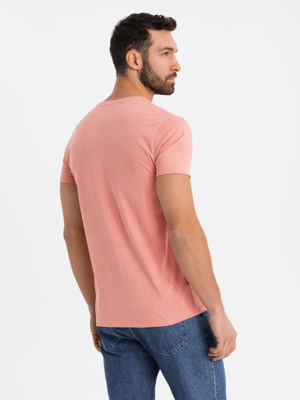 Ombre Clothing Pánské klasické bavlněné tričko BASIC s výstřihem - růžové
