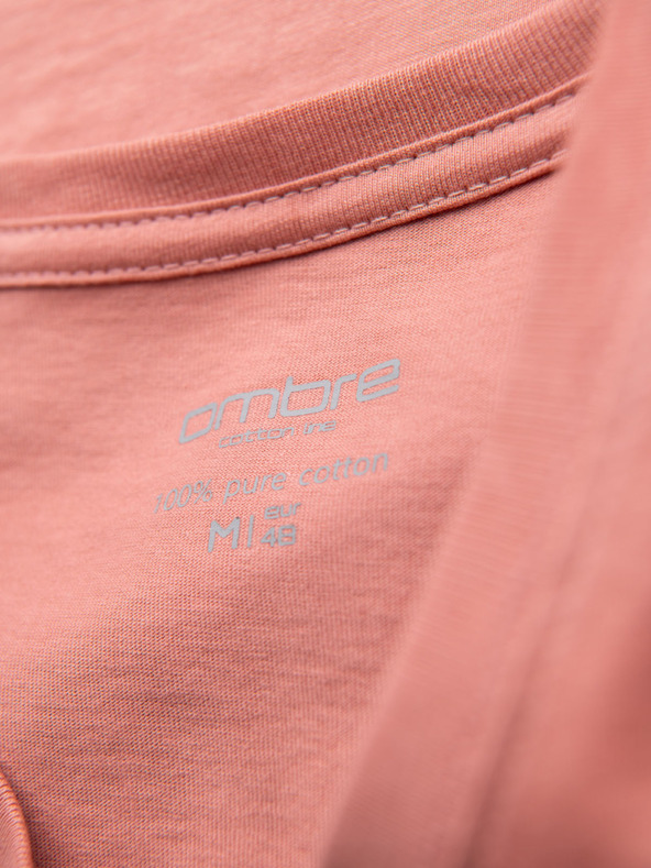 Ombre Clothing Pánské klasické bavlněné tričko BASIC s výstřihem - růžové