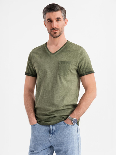 Ombre Clothing Pánské bavlněné tričko s výstřihem do V a sepraným efektem - olivové