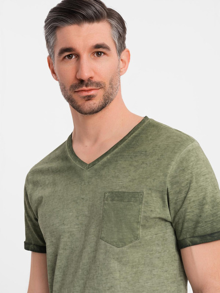 Ombre Clothing Pánské bavlněné tričko s výstřihem do V a sepraným efektem - olivové