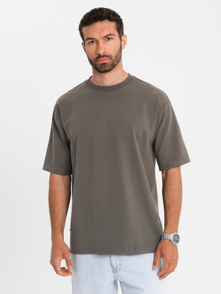 Ombre Clothing Pánské bavlněné tričko LOOSE FIT s kulatým výstřihem - tmavě olivové