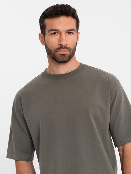 Ombre Clothing Pánské bavlněné tričko LOOSE FIT s kulatým výstřihem - tmavě olivové