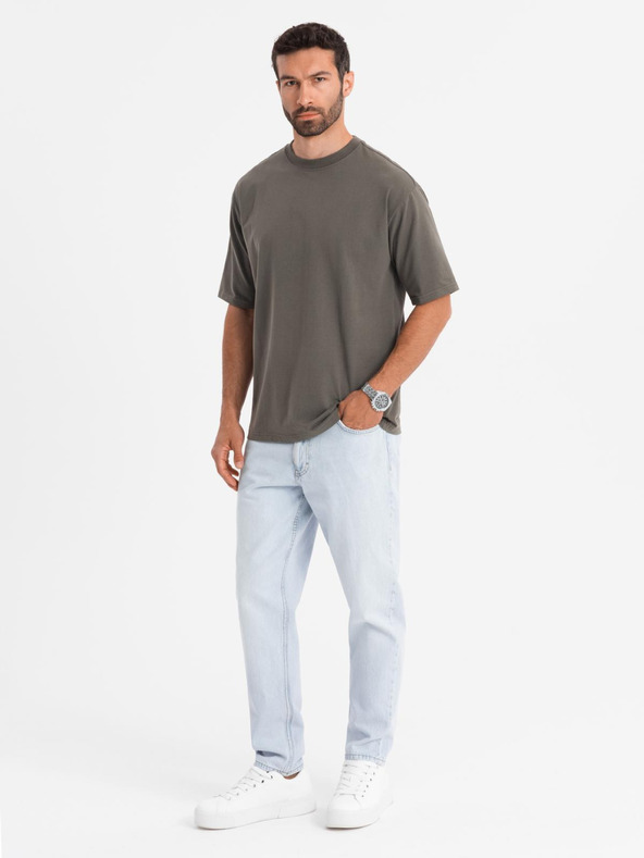 Ombre Clothing Pánské bavlněné tričko LOOSE FIT s kulatým výstřihem - tmavě olivové