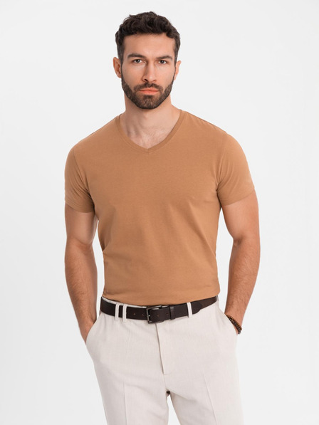 Ombre Clothing Pánské klasické bavlněné tričko BASIC s výstřihem do V - hnědé