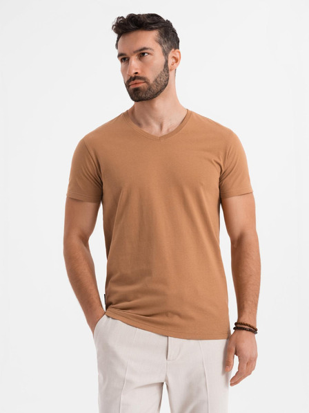 Ombre Clothing Pánské klasické bavlněné tričko BASIC s výstřihem do V - hnědé
