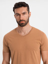 Ombre Clothing Pánské klasické bavlněné tričko BASIC s výstřihem do V - hnědé
