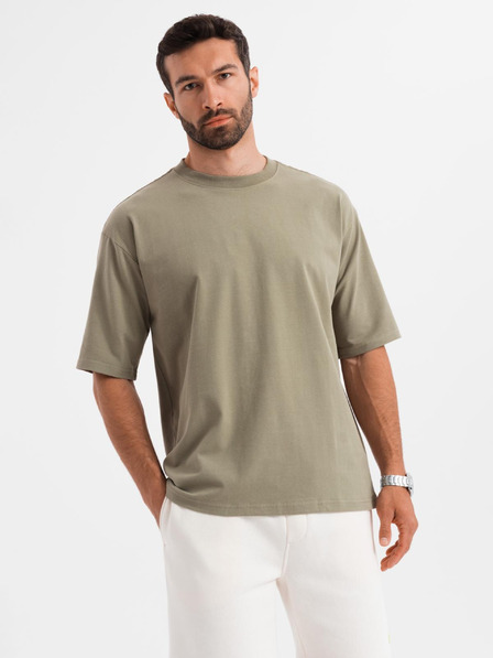 Ombre Clothing Pánské bavlněné tričko LOOSE FIT s kulatým výstřihem - khaki