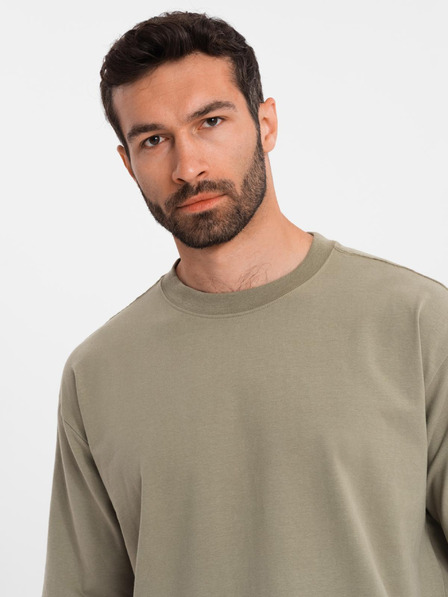 Ombre Clothing Pánské bavlněné tričko LOOSE FIT s kulatým výstřihem - khaki