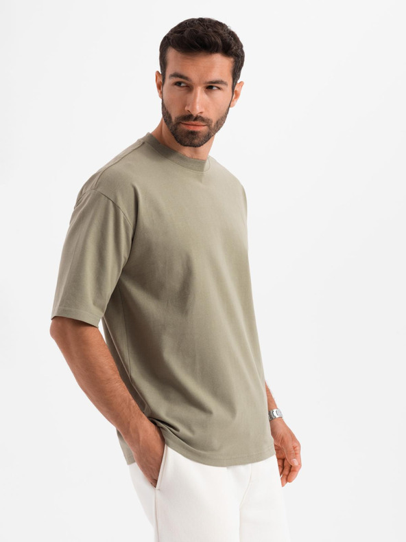 Ombre Clothing Pánské bavlněné tričko LOOSE FIT s kulatým výstřihem - khaki