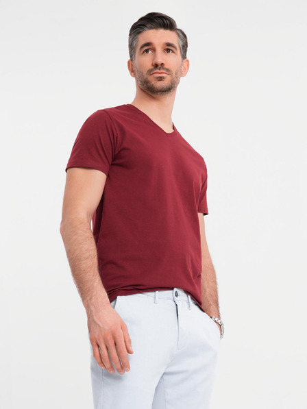 Ombre Clothing Bavlněné klasické pánské tričko BASIC s výstřihem do V - bordó