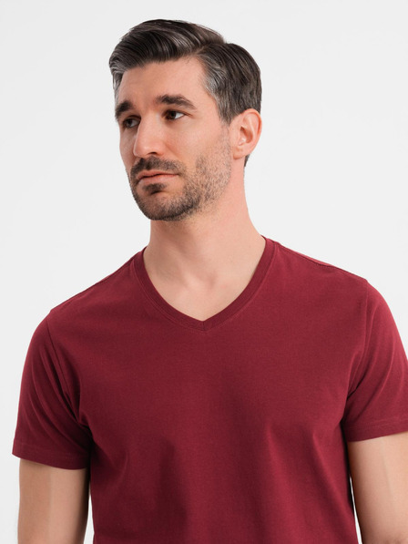 Ombre Clothing Bavlněné klasické pánské tričko BASIC s výstřihem do V - bordó
