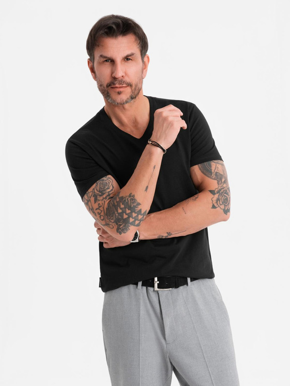 Ombre Clothing Pánské klasické bavlněné tričko BASIC s výstřihem - černé