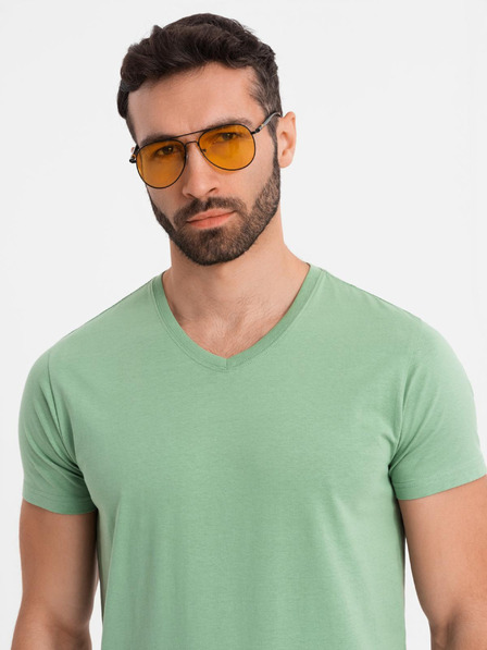 Ombre Clothing Bavlněné klasické pánské tričko BASIC s výstřihem do V - zelené