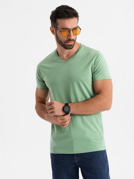 Ombre Clothing Bavlněné klasické pánské tričko BASIC s výstřihem do V - zelené