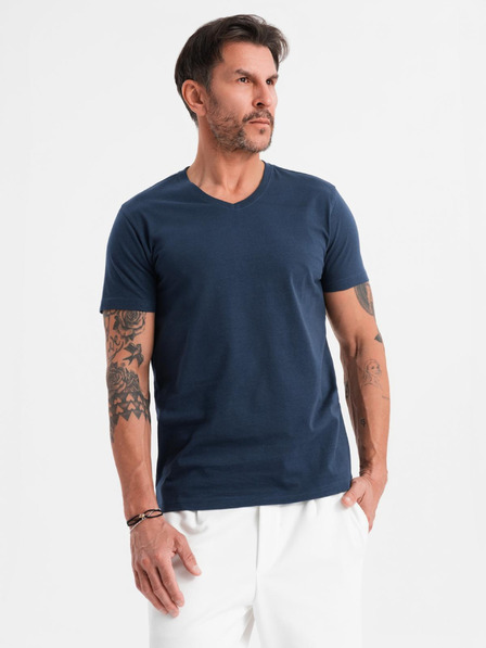 Ombre Clothing Pánské klasické bavlněné tričko BASIC s výstřihem do V - tmavě modré