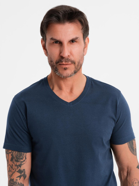 Ombre Clothing Pánské klasické bavlněné tričko BASIC s výstřihem do V - tmavě modré