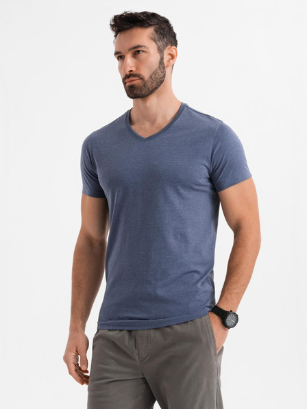 Ombre Clothing Pánské klasické bavlněné tričko BASIC s výstřihem do V - modrý melír