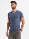 Ombre Clothing Pánské klasické bavlněné tričko BASIC s výstřihem do V - modrý melír