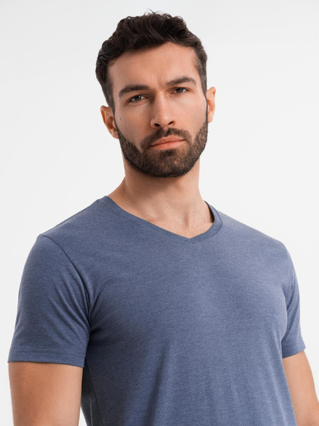 Ombre Clothing Pánské klasické bavlněné tričko BASIC s výstřihem do V - modrý melír