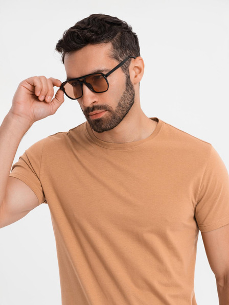 Ombre Clothing BASIC pánské klasické bavlněné tričko - hnědé