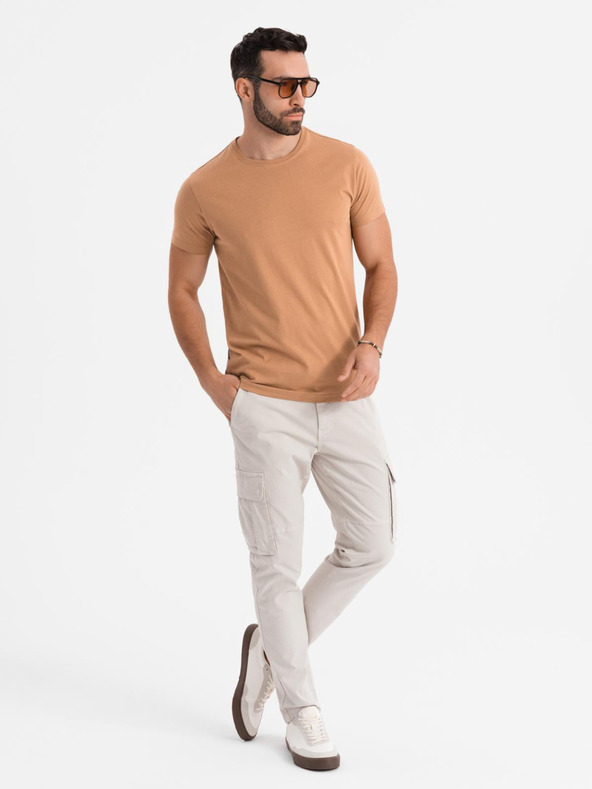 Ombre Clothing BASIC pánské klasické bavlněné tričko - hnědé