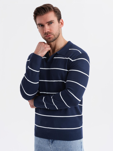 Ombre Clothing Pánská polokošile s dlouhým rukávem a vodorovným pruhem z viskózy - tmavě modrá a bílá