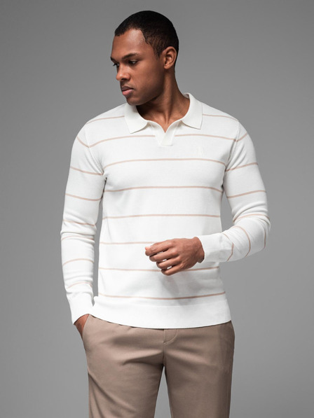 Ombre Clothing Pánská polokošile s dlouhým rukávem a vodorovným pruhem z viskózy - bílá a béžová