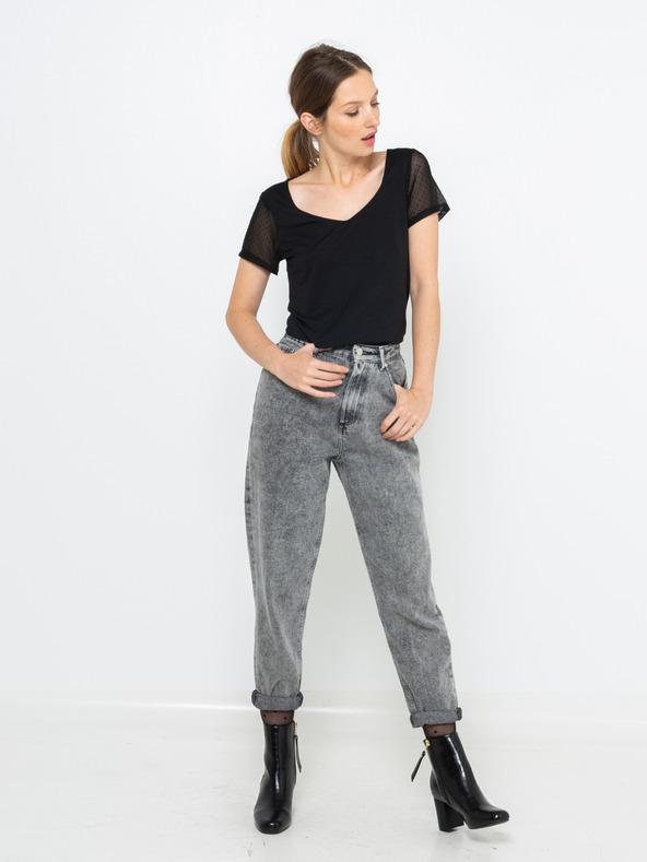 CAMAIEU Černé tričko s průhlednými rukávy CAMAIEU