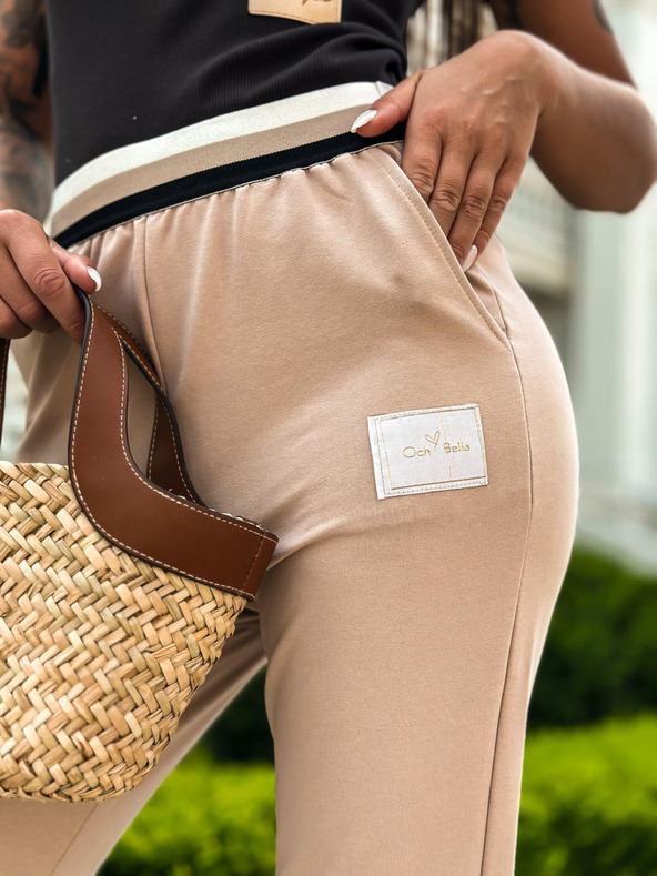 Edoti Teplákové kalhoty s tříbarevnou gumou  - béžové