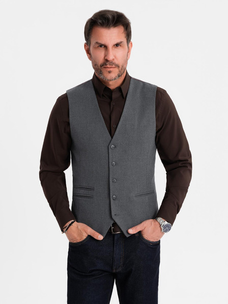 Ombre Clothing Pánská šedá obleková vesta s klasickými detaily a podšívkou