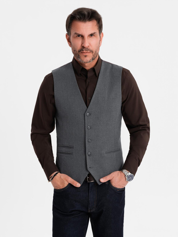 Ombre Clothing Pánská šedá obleková vesta s klasickými detaily a podšívkou