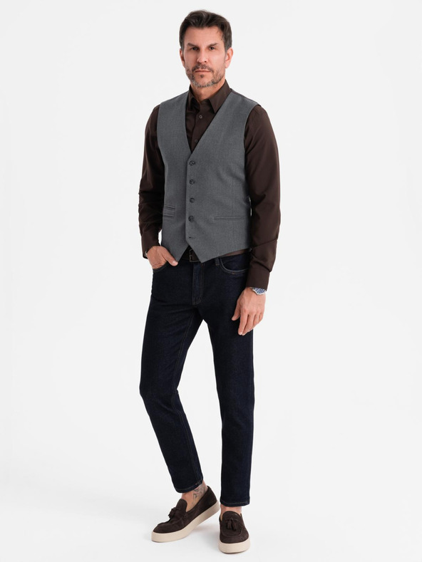 Ombre Clothing Pánská šedá obleková vesta s klasickými detaily a podšívkou