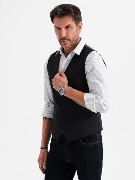 Ombre Clothing Pánská černá obleková vesta s klasickými detaily a podšívkou