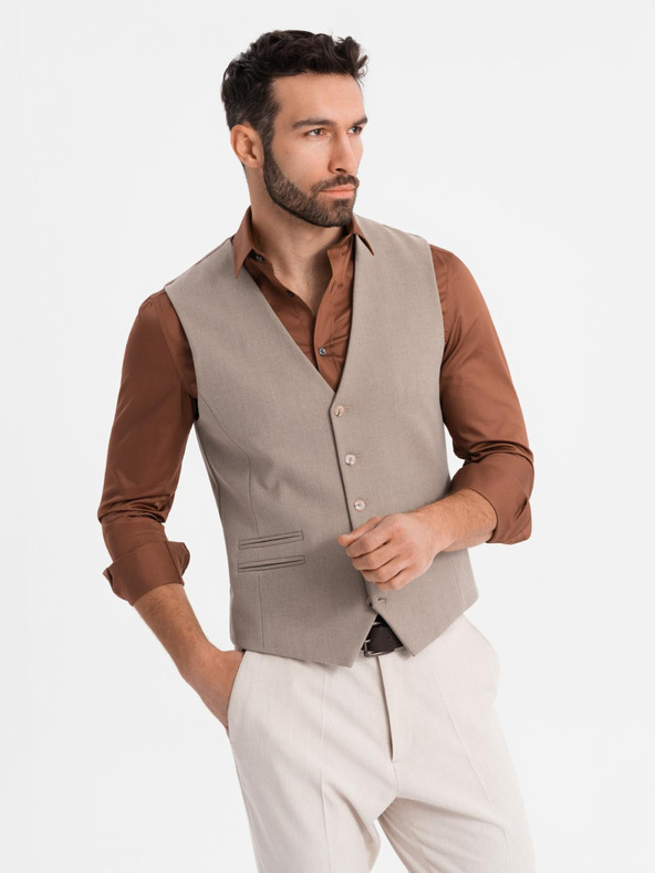 Ombre Clothing Pánská béžová obleková vesta s klasickými detaily a podšívkou