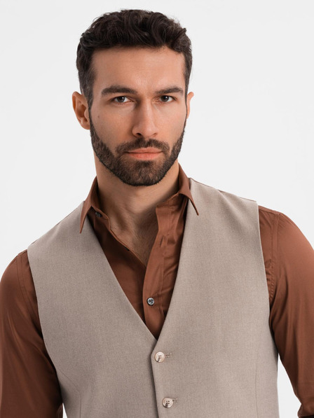 Ombre Clothing Pánská béžová obleková vesta s klasickými detaily a podšívkou