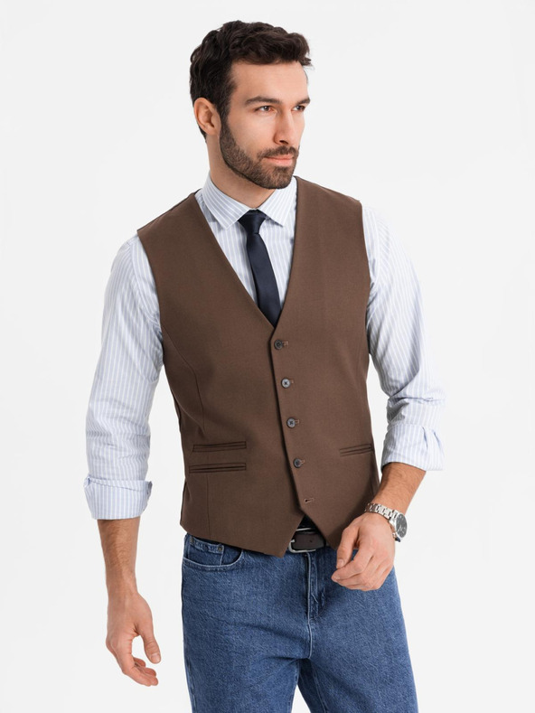 Ombre Clothing Pánská hnědá obleková vesta s klasickými detaily a podšívkou