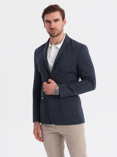 Ombre Clothing Pánské tmavě modré sako SLIM z jemně strukturovaného úpletu