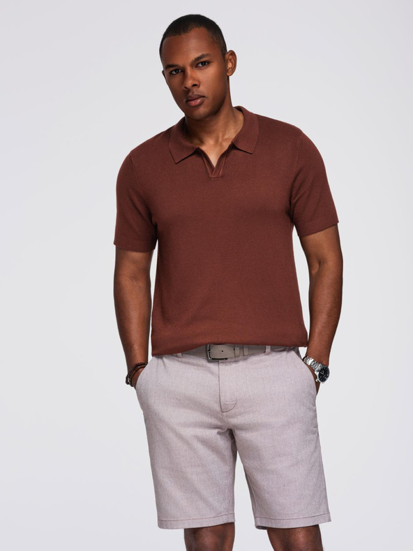 Ombre Clothing Pánské polo triko bez knoflíků s klasickou vazbou - tmavě hnědá
