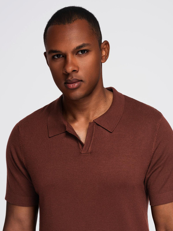 Ombre Clothing Pánské polo triko bez knoflíků s klasickou vazbou - tmavě hnědá