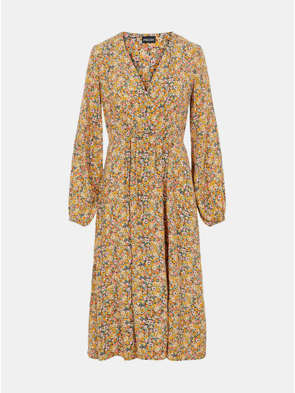 Pieces Béžové květované midišaty Pieces Gry