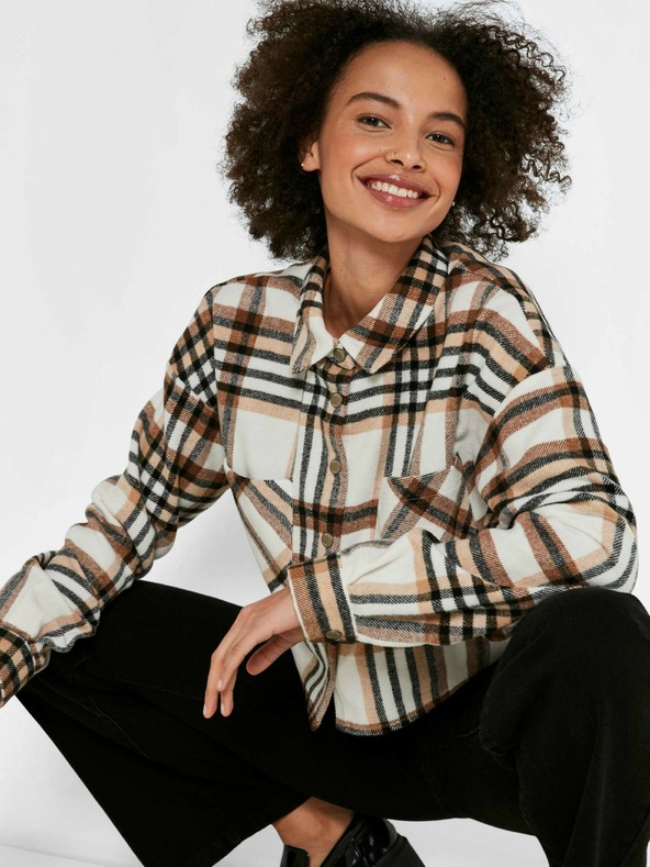 Noisy May Hnědo-krémová kostkovaná cropped košile Noisy May Flanny