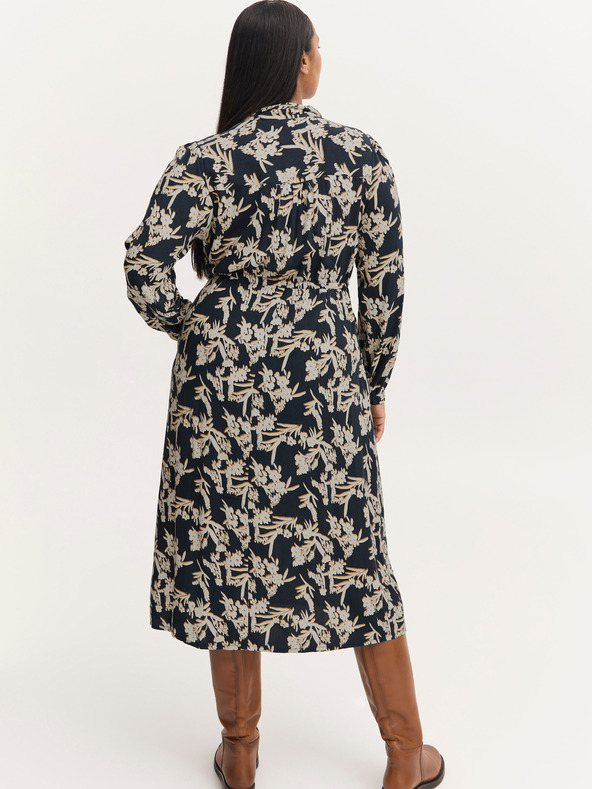 Fransa Krémovo-modré květované košilové midišaty se zavazováním Fransa