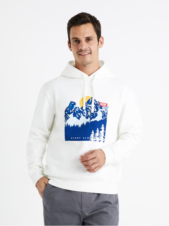 Celio Bílá pánská mikina s kapucí Celio Ceslalom