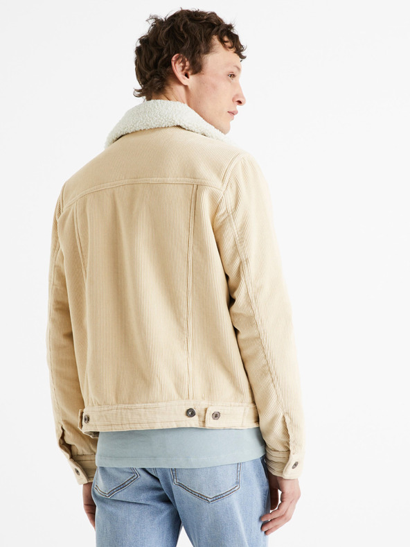 Celio Béžová pánská manšestrová bunda s umělým kožíškem Celio Cunewjoe