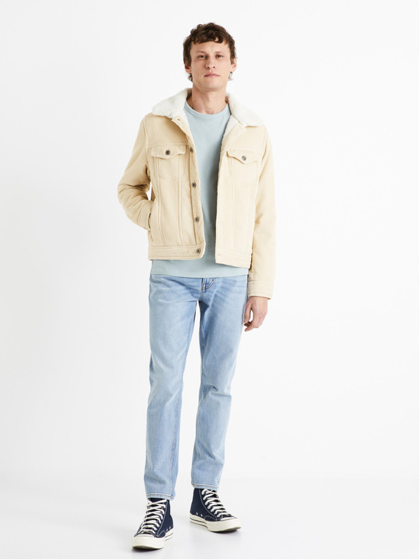 Celio Béžová pánská manšestrová bunda s umělým kožíškem Celio Cunewjoe